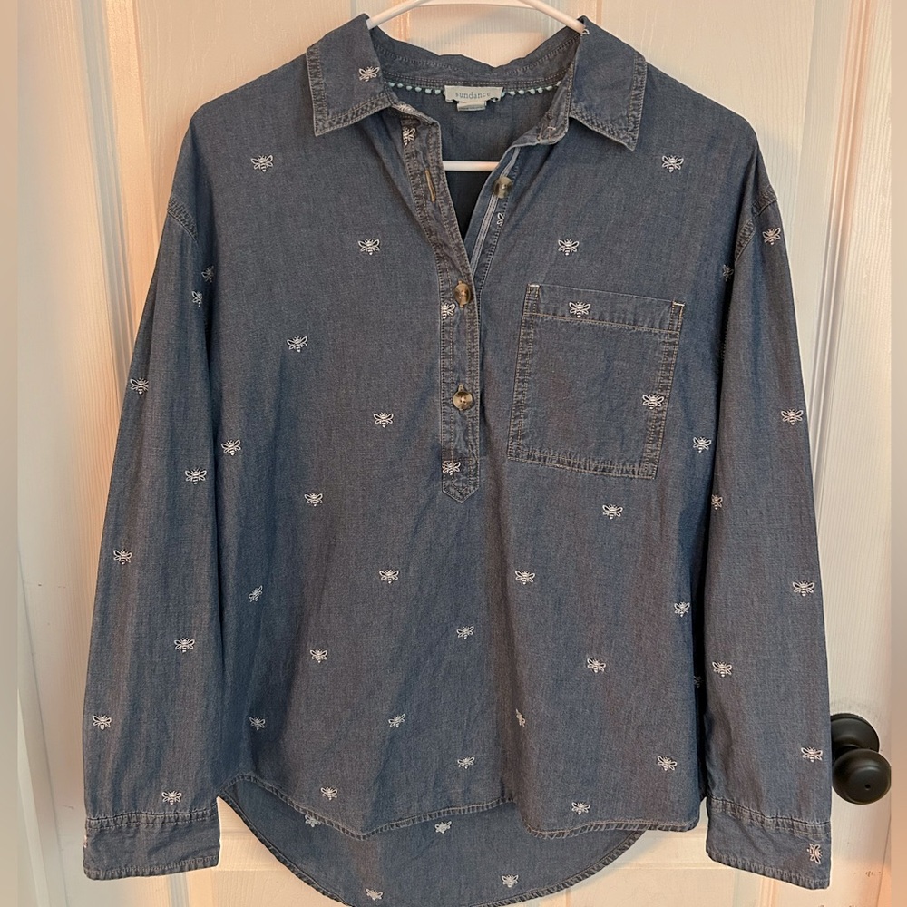 Sundance Bumblebee Embroidered Denim Chambray Long Sleeve Womens Small Top